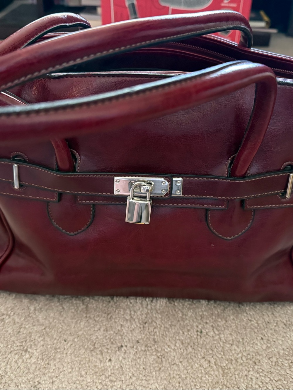 Men's Leather Briefcase Handbag in Burgundy with Silver Hardware